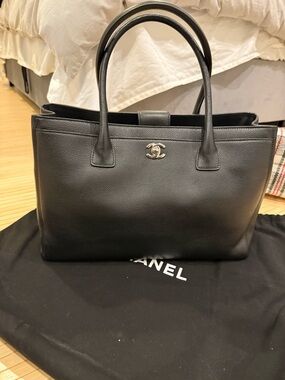 Like NEW. Used Once. CHANEL Executive Cerf Tote. Black Leather. Silver Hardware.